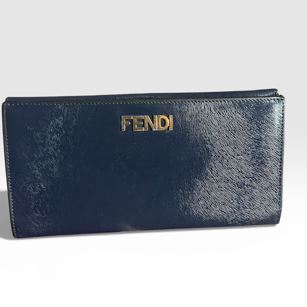 FENDI Trifold Navy Leather Wallet